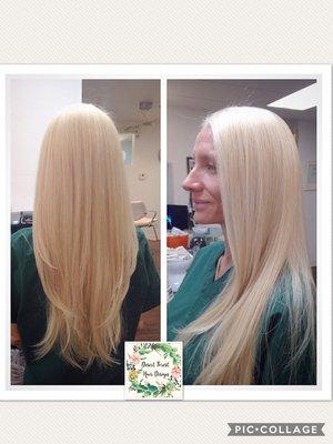 Beautiful bleach and tone. This service should be touched up every 3 weeks to maintain the health of the hair.