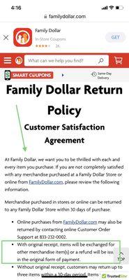 Family Dollar Return policy on the website.