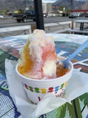 Ice cream center,  ice, topped with condensed milk