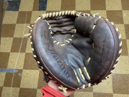 Spare catchers mitt, conditioned, palm padding added and completely re laced.