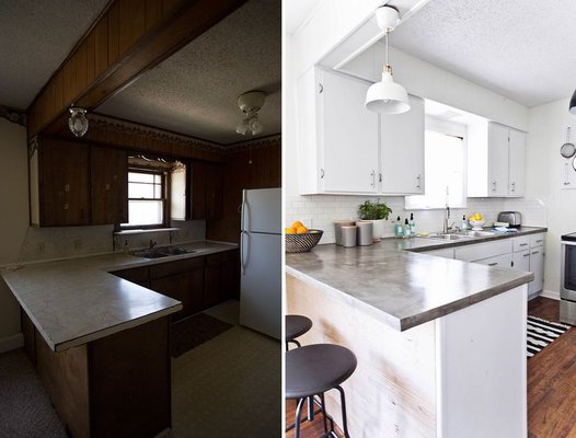 Another example  of a dated kitchen, the carpet and vinyl floor was replace with tiles imitation wood, countertop replace with solid surface