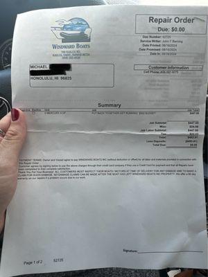 $493 bill to tell us the motor was not fixable