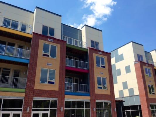 Exterior of Doughboy Square Apartments for rent in Pittsburgh's Lawrenceville neighborhood.