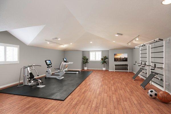 Virtual staging turned a cluttered and unappealing space into a fabulous home gym!