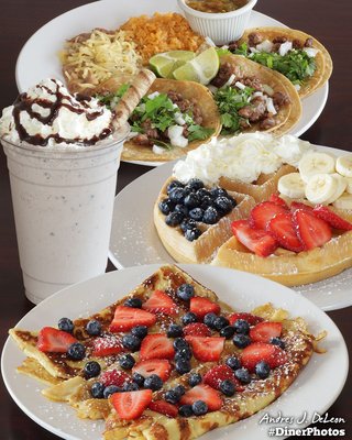 Steak Taco Dinner, Fruit Waffle, Oregon Shake and Berry Crepes