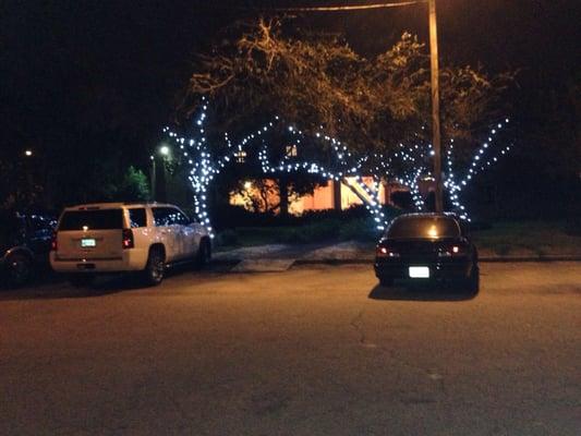 Lit entry walk at night.