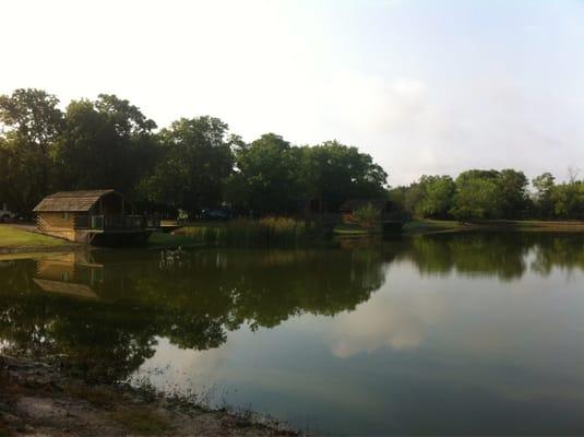 Pond with cabins overlooking.