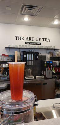 Large Strawberry Pina with Strawberry Popping Boba, Less Sugar, and Less Ice