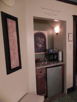 The Coffee Niche is centrally located between all three rooms--Coffee, Tea, Coaco, Filtered Water, Juices, Refrigerator, etc.