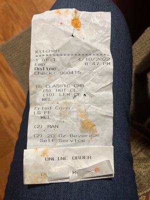 DIRTY RECEIPT that they stapled on my order