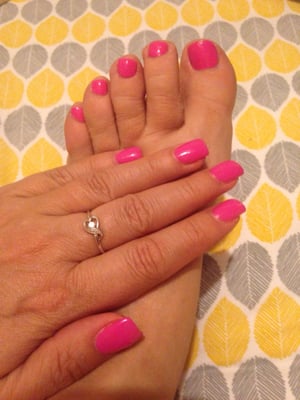 Gel polish over UV gel nails and matching regular polish on toes.