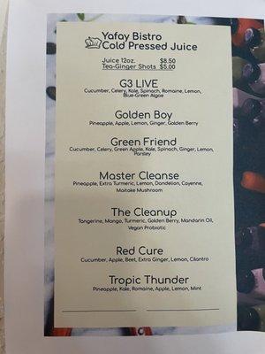 Cold pressed juice menu