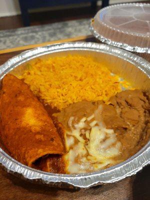 Beef burrito with rice and beans