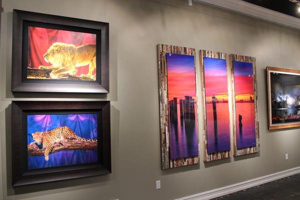 Adam Scott Rote's "Leopard III" and "Lion I" alond with Jeff Mitchum's "Evening Eyes" triptych.