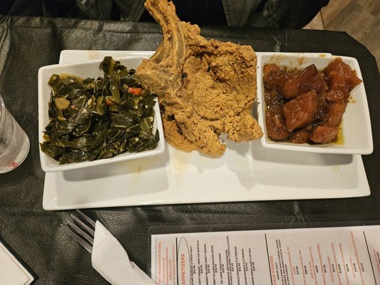 Fried pork chops, fresh greens, yams