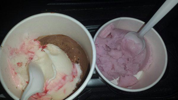 Strawberry cheese cake and Rocky road on the left nonfat strawberry Greek yogurt on the right