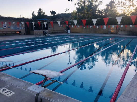 25yd pool, 10ft deep on the deep end and 2ft deep on the shallow end. 6 lanes total.