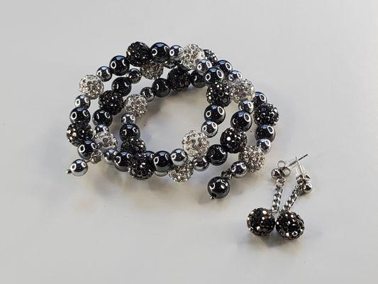 Hematite Stainless Steel Memory Wire Bracelet with Rhinestones and Matching Earrings Set