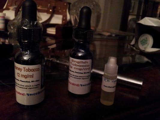 My favorite vape liquid English tobacco and one I plan to try Honey tobacco.  The small bottle is a free sample.