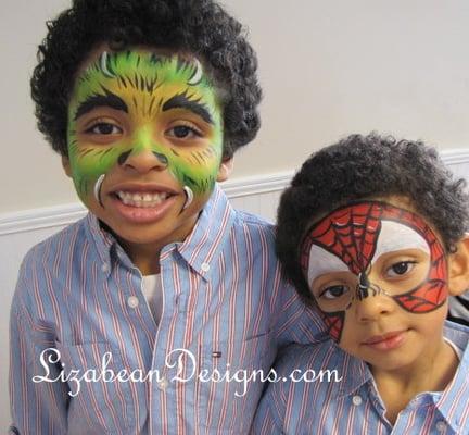 Spider Man and "monster" mask designs. Face painting at a birthday party.