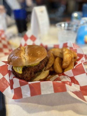 Chicken sandwich with extras pickles and spicy honey + steak fries (ranch not pictured)