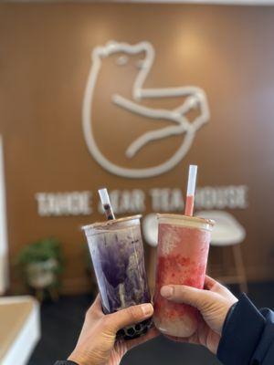 Ube latte with boba and strawberry smoothtea with lychee jelly