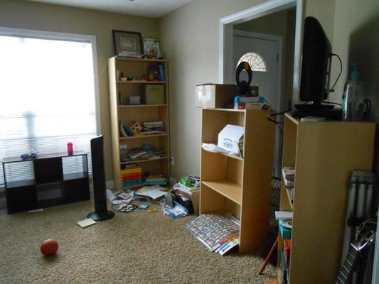 Before:  Home school room, right side, bookshelf blocking doorway.