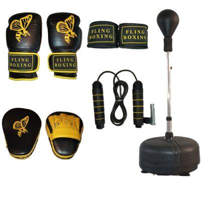 Kit Contains:
All Leather Gloves
All Leather Punch Mitts (one size)
Hand Wraps (1 set, yellow or black)
Weighted Jump Rope
Punching bag