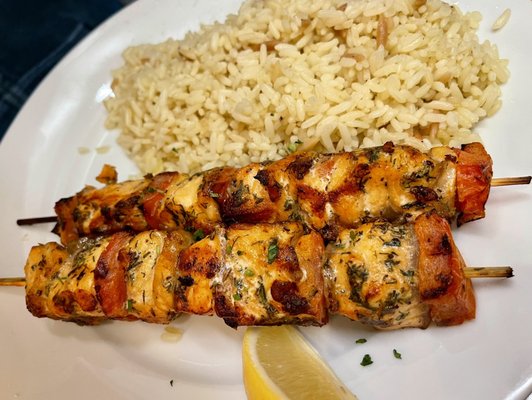 Grilled salmon skewers special with rice