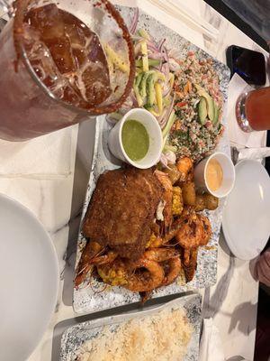 4 person platter with rice. Ceviche Aguachiles fried fish shrimp