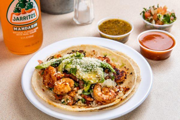 Marinated grilled shrimp served on soft corn tortilla and topped with pico de gallo and chipotle sauce.  Lunch, dinner and Online Orders too