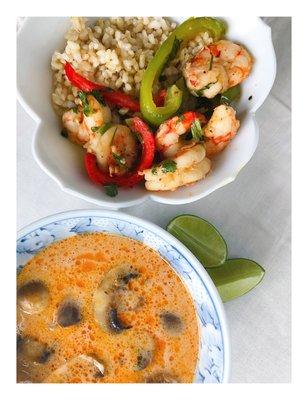 Mushroom Tom Kha Gai with shrimp, rice and veggies