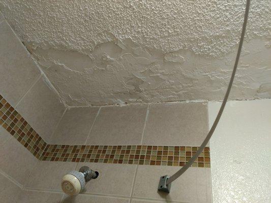 Terrible patchwork on ceiling. Exposed opening of shower head.