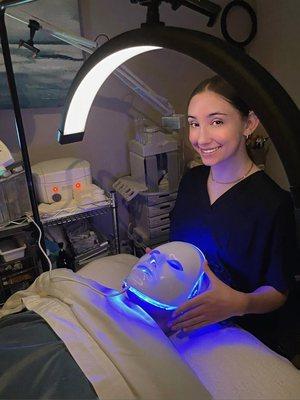 We offer a variety of new skin care add ons! Space age looking LED treatment.