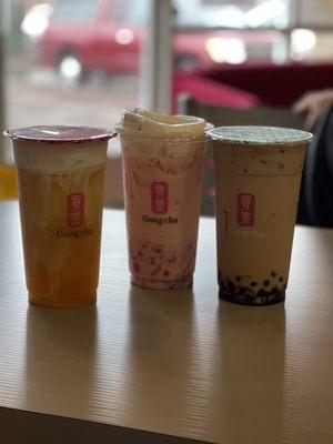 Mango Green Tea with Milk Foam, Strawberry Kanten Jelly Milk Tea with Milk Foam, & Brown Sugar London Fog Milk Tea with Boba