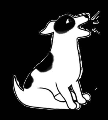 Black and white drawing of a spotted dog barking while sitting down.