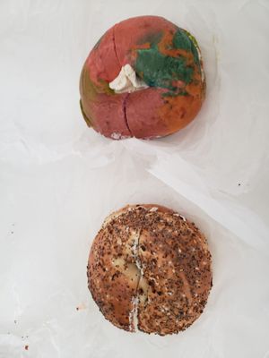 Top: Rainbow bagel w black truffle cream cheese Bottom: everything bagel w salmon & dill cream cheese