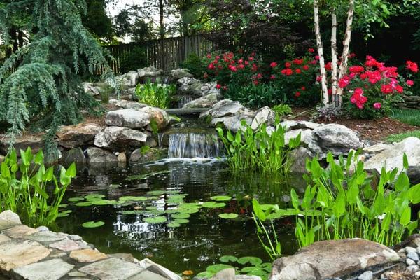 Water feature installations such as this natural waterfall are our specialty