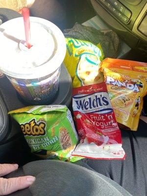 Pepsi, Funyuns, Mexican Street Corn Cheetos, Caramel filled Hello Panda, and Welch's Strawberry Fruit 'n' Yogurt.