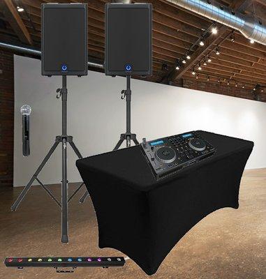 Basic 4 hour Dj Package includes:
  Dj mixer, high powered 12'' speakers, stands, table w/ cover, wireless microphone & dance floor lighting