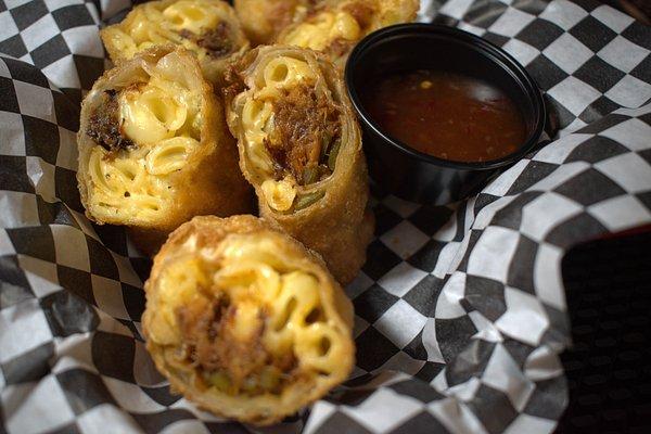 Kennedy's Egg Rolls. Slow smoked pulled pork, house made mac n cheese, and jalapeno peppers.