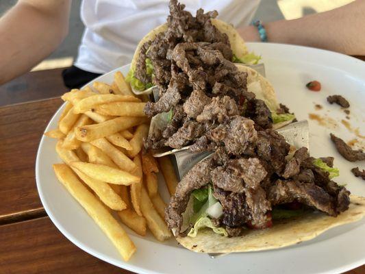 Beef tacos and fries