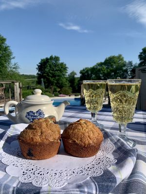 Delicious complimentary homemade blueberry muffins, black tea, pear juice