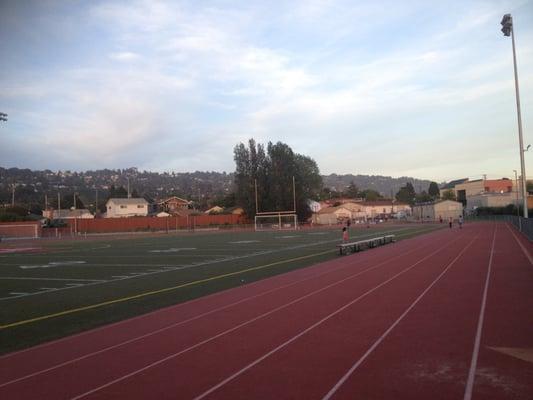 View of rubberized track that encircles the football/soccer field.