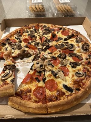 Large Pepperoni Pizza, mushrooms and pepperoni and side of ranch $24 with tax