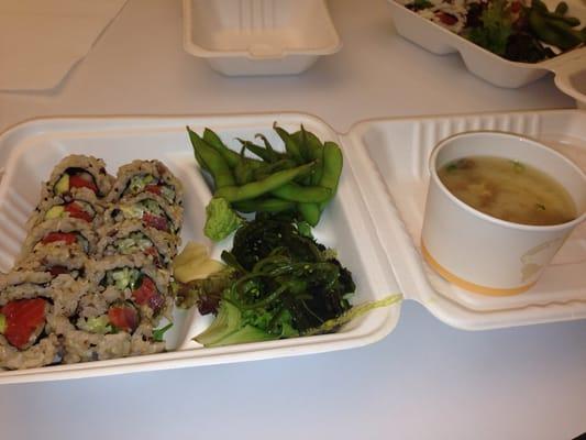 Box combo with seaweed salad, edamame wild salmon roll.